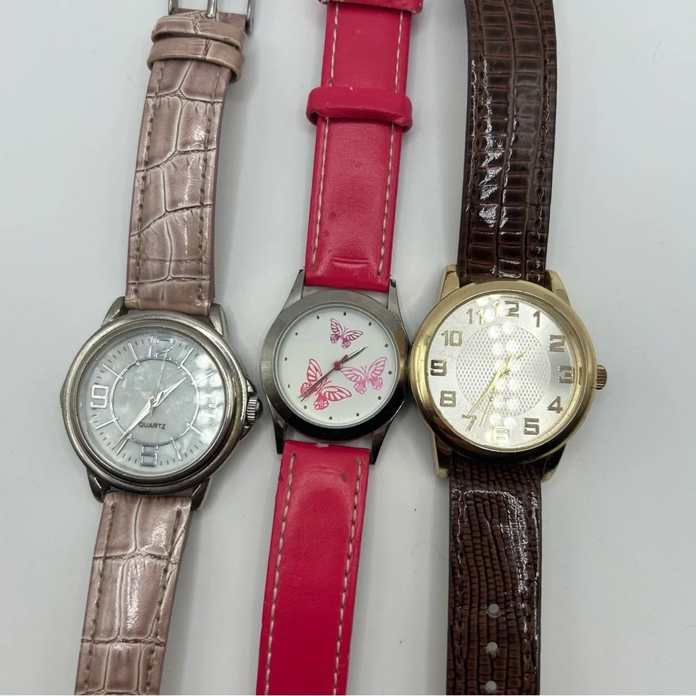 Set of Three Women's Fashion Watches - Pink, Tan & Brown Straps